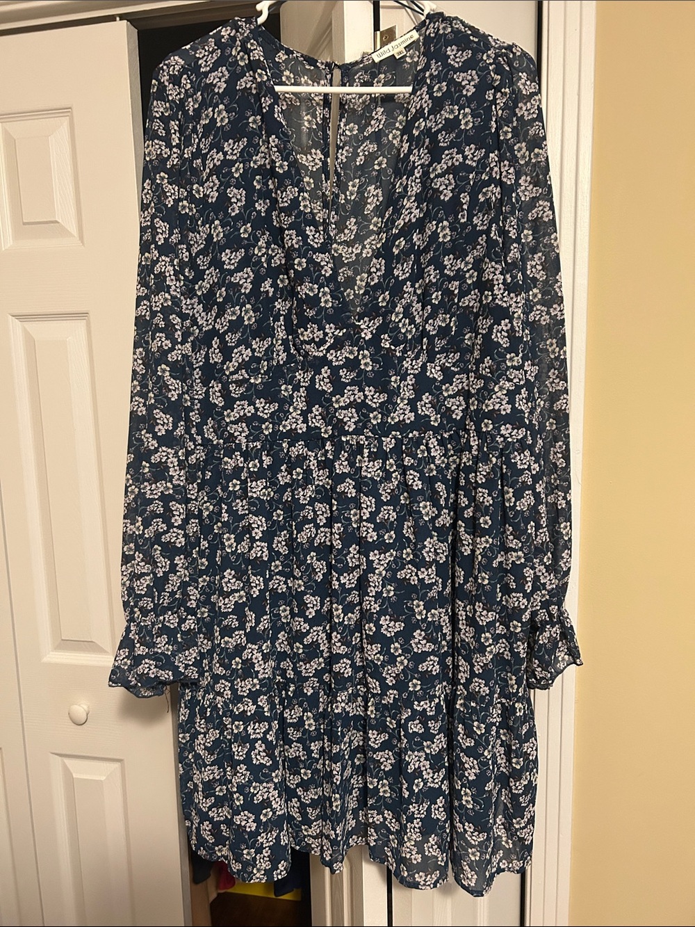 Navy Floral Long-Sleeve Tiered Dress